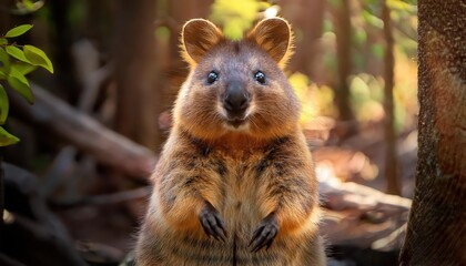 Naklejka premium Curious Quokka Revealing Intrigue in a Lush Forest Setting at Twilight, Capturing the Mystique of Australias Unique Wildlife Amidst Dappled Shadows and Rich Greenery.
