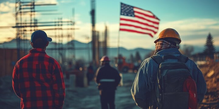 Construction workers and american flag, celebrating labor day and immigration in the usa
