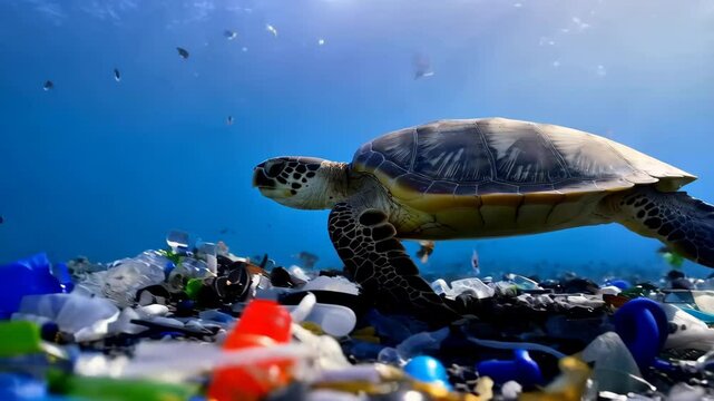 Turtle navigates ocean plastic pollution underwater struggle with human impact