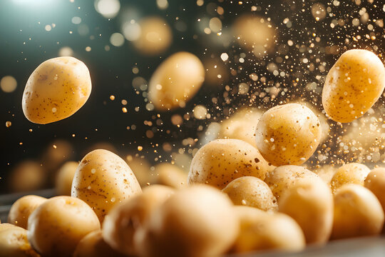 Dynamic motion shot of potatoes tumbling onto surface, creating lively scene filled with splashes of dirt and dust. image captures energy and movement of potatoes in mid air