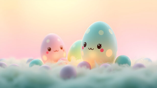 Cheerful pastel gradient colored glowing shiny egg design decorations with cute sweet smiling faces soft pink cotton background perfect for celebrating love joy during spring and easter festivities
