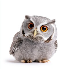 Naklejka premium Gray owl with bright orange eyes sits against a white background. Studio shot of a wild bird