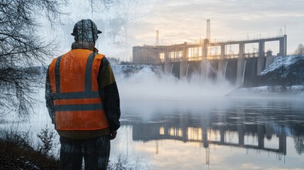 Worker in Safety Vest Observing Dam at Sunrise with Mist Rising from Water and Construction Elements in Background