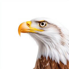 Obraz premium Close up profile view of an eagle against a white background. The eagle's head and neck are sharply in focus, showing its yellow beak, dark eyes