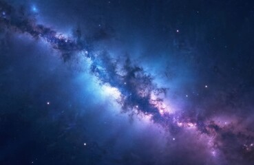 Fototapeta premium Night sky with stars and milky way. Blue and purple cosmic nebula background. Space panorama with stardust and glow. Starry night sky natural landscape with galaxy.
