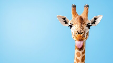Playful giraffe portrait against a light blue background. The giraffe's tongue is sticking out, creating a humorous and engaging image