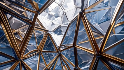 Fototapeta premium Abstract design with blue white glass and gold frame. Modern architecture with triangle and geometric shapes from low angle view