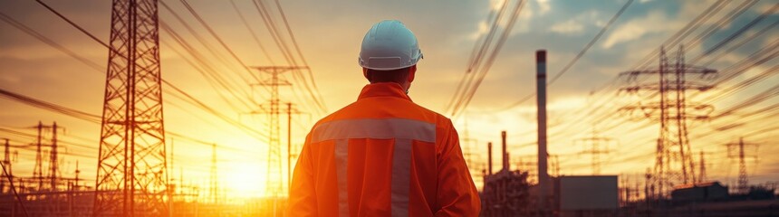 Worker examines power lines at sunset in industrial area while wearing safety gear