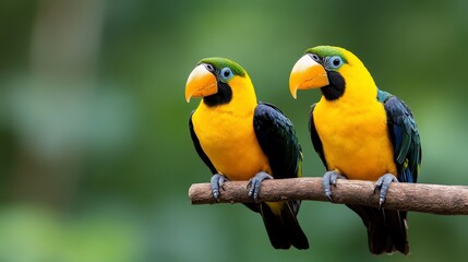 Two vibrant yellow and black parrots perched side by side on a tree branch against a blurred green background. The birds are facing each other