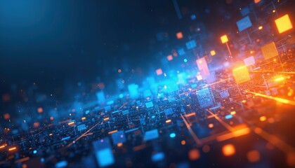 Obraz premium Abstract tech background with geometric squares in blue, orange. Vibrant digital design shows modern data visualization, futuristic web elements, circuit board pattern, matrix with dynamic light