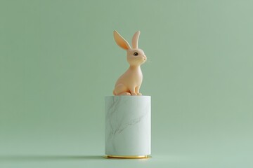 Cute bunny figure perched on stylish marble pedestal against sof