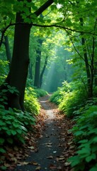 Fototapeta premium Forgotten, overgrown path with scattered leaves and particles, faded, decay