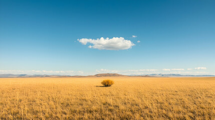 Obraz premium Solitary shrub on vast steppe, clear sky, mountain backdrop; scenic wallpaper