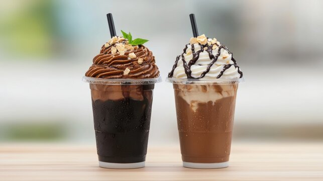 Two chocolate milkshakes with whipped cream and nuts on a wooden table. Concept of dessert, sweet, and drink.