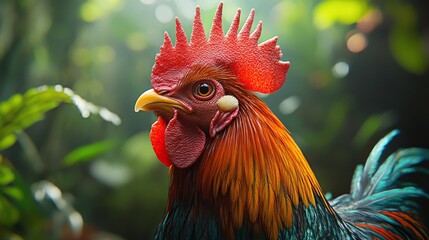 Vibrant rooster with colorful plumage in sunlight, close-up portrait in lush garden. Nature and animal wildlife concept