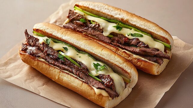 Two delicious steak sandwiches with melted cheese and fresh herbs on a brown paper. Perfect for lunch or dinner.