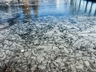 Frozen lake with intricate ice patterns and reflections under winter sunlight
