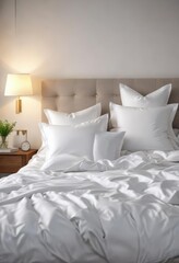 White pillows in various shapes and sizes creating a stylish display on a white bed, fashionable, pillow arrangement, design, modern