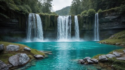 Scenic waterfall with turquoise water in green forest. Cascade flows over rocks into clear pool during daytime.