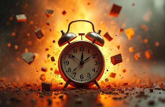 Retro alarm clock surrounded by flying debris. Time running out concept. Deadline, pressure, late timing. Old aged vintage reminder. Business solutions. Time management challenges, burst with smoke,