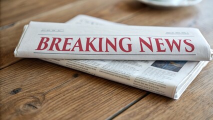 Breaking news headline on a newspaper resting on a wooden table.