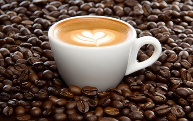 Fototapeta premium Latte Art Coffee Cup on Roasted Beans