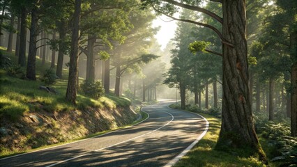Obraz premium Winding forest road with tall trees on either side and sunlight filtering through the leaves, sun, landscape, woods, afternoon, nature