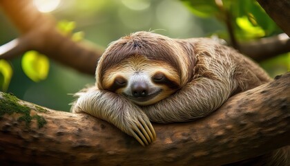 Fototapeta premium Sleeping Sloth in Lush Green Rainforest Canopy, Capturing Tranquility and Peace with its Adorable Bearing