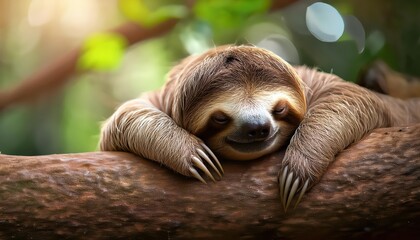 Fototapeta premium Adorable Brown Sloth Napping Peacefully amidst Lush Greenery in a Sunlit Rainforest Canopy, Capturing the Serene Tranquility of the Amazon Jungle.