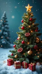 Winter wonderland scene featuring a decorated fir tree with chrysanthemums and carnations, fir, Christmas, decorative