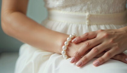 Elegant bride's hands with pearl bracelet on wedding dress.