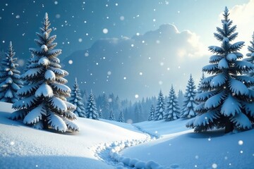 Fototapeta premium Winter wonderland scene with snowflakes and pine trees, , frosty landscape, winter wonderland