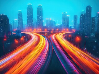 Dynamic nighttime traffic flow urban cityscape long exposure photography vibrant neon lights aerial view modern motion