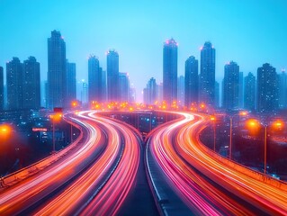Dynamic night traffic flow in urban skyline cityscape photography vibrant lights aerial perspective