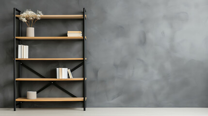 Modern Wooden Shelf Against Gray Concrete Wall