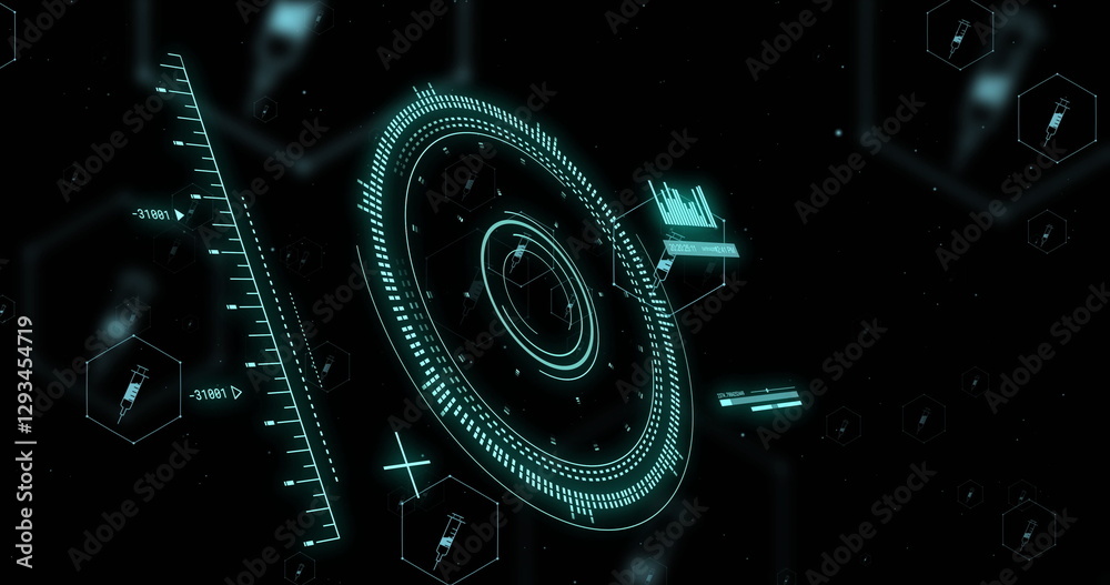 Poster image of digital data processing and scope over black background