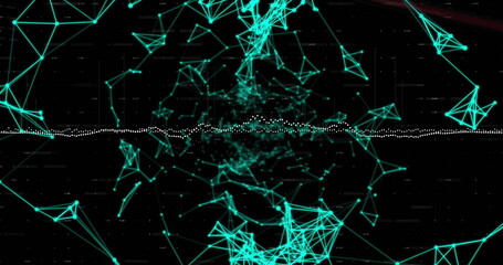 Image of diagram over shapes moving on black background