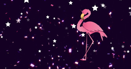 Image of stars falling over flamingo on black background © vectorfusionart