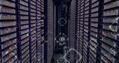 Image of network of connections with 6g texts over server room