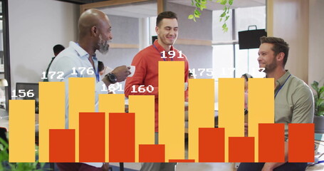 Image of financial data processing over diverse colleagues having meeting in office