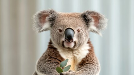 Fototapeta premium Cute koala holding eucalyptus leaves with playful expression in