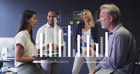 Image of financial data processing over diverse colleagues having meeting in office