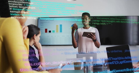 Image of data processing over diverse colleagues having meeting in office