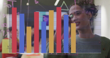 Image of financial data processing over diverse colleagues having meeting in office