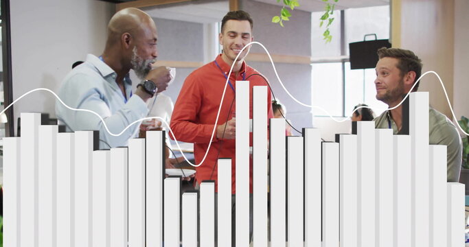 Image of financial data processing over diverse colleagues having meeting in office