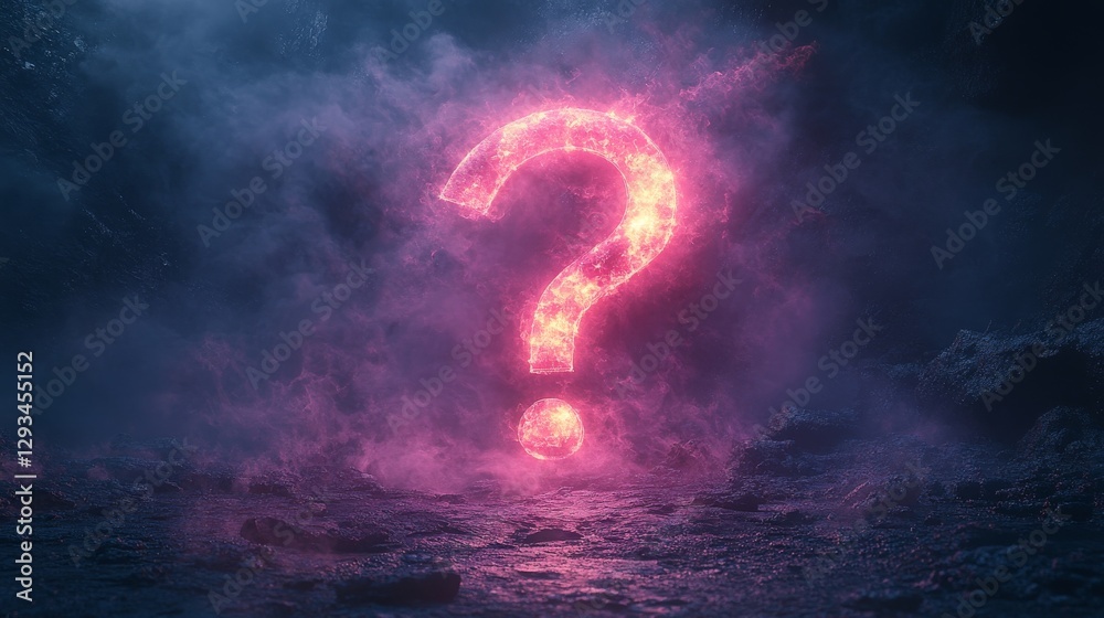 Aufkleber glowing pink question mark in a misty dark landscape with mysterious atmosphere. fantasy and curiosi