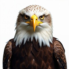 Obraz premium Majestic full body portrait of eagle with white head, brown plumage against white background. Bird demonstrates eyesight, sharp yellow beak. Falconry concept. Wildlife scenery represents American