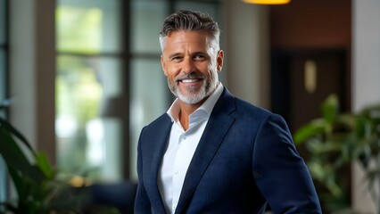 Fototapeta premium A smiling man with gray hair and a beard, wearing a suit, stands in a well-lit indoor space with plants in the background. Concept Portrait Photography, Indoor Lighting, Professional Attire