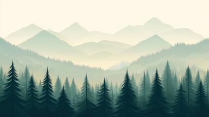 Vector illustration of a misty mountain range with pine forest in the foreground. Concept of nature, landscape, and travel.