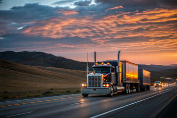 Majestic Semi-Truck Driving on Highway at Sunset with Chrome Grille and Towering Stacks

